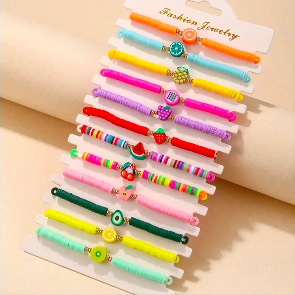 12 Bright Summer Fruits Stretch Bracelets Clay Beads Citrus Strawberry Grape